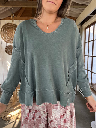 Up Late Waffle Knit Henley - DUSTY GREEN