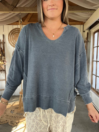 Up Late Waffle Knit Henley - DUSTY BLUE