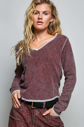 The Kacie Waffle Knit Top - MAROON