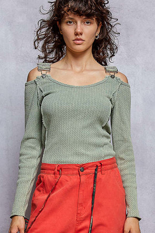 The Overall Waffle Open Shoulder Top - OLIVE