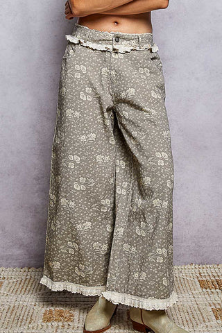 Flower Child Denim Eyelet Pants - MOCHA FLORAL