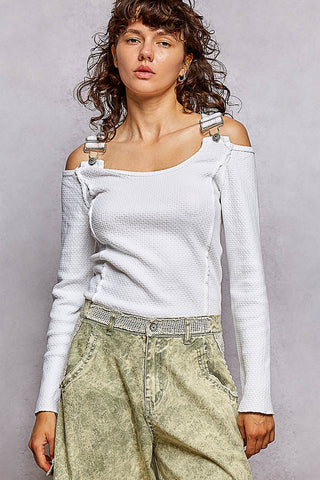 The Overall Waffle Open Shoulder Top - WHITE