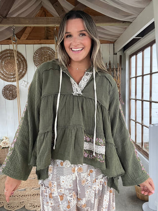 The Floral Escape Peplum Top - OLIVE