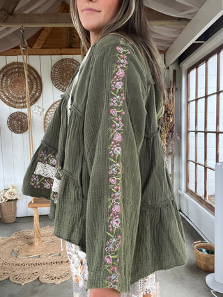 The Floral Escape Peplum Top - OLIVE