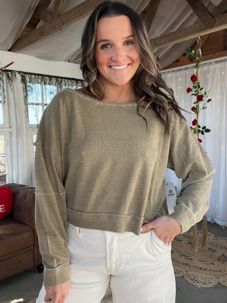 The Everyday Boat Neck Waffle Top - OLIVE