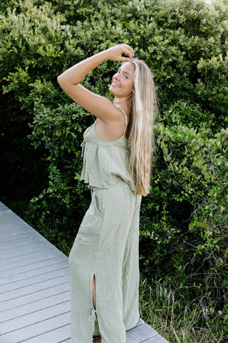Castaway Crinkle Gauze Top And Jogger Pants Set - OLIVE