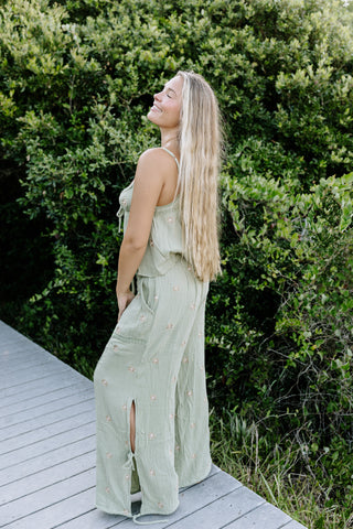 Castaway Crinkle Gauze Top And Jogger Pants Set - OLIVE