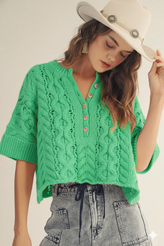 Rustic Poem Hand Rouched Cable Knit Pullover - JADE
