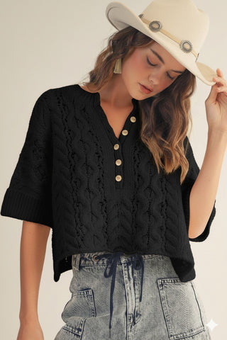 Rustic Poem Hand Rouched Cable Knit Pullover - BLACK