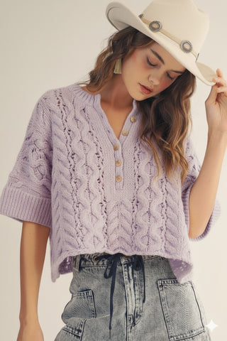 Rustic Poem Hand Rouched Cable Knit Pullover - LILAC