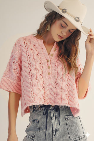 Rustic Poem Hand Rouched Cable Knit Pullover - PINK