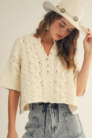 Rustic Poem Hand Rouched Cable Knit Pullover - IVORY