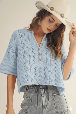 Rustic Poem Hand Rouched Cable Knit Pullover - BLUE
