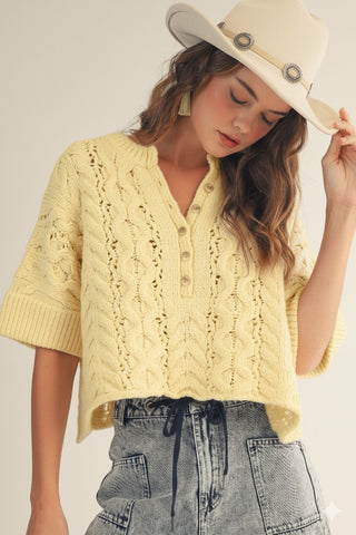 Rustic Poem Hand Rouched Cable Knit Pullover - LEMON