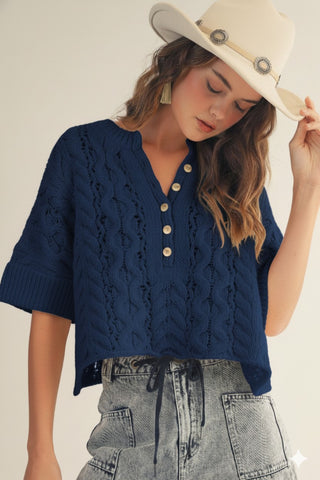 Rustic Poem Hand Rouched Cable Knit Pullover - NAVY