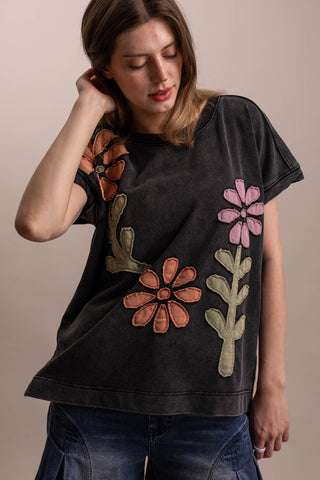 Flower Patchwork Short Sleeve Top - BLACK