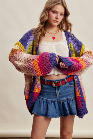 Harlow Knit Stripped Cardigan - RAINBOW NAVY