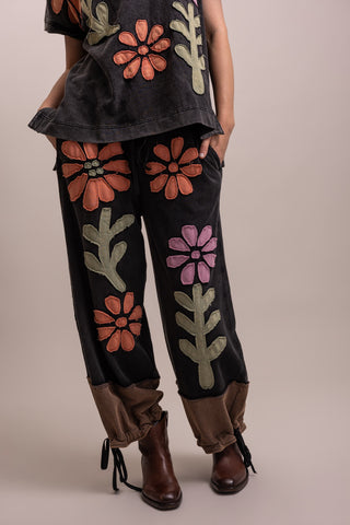 Flower Patchwork French Terry Lounge Pants - BLACK