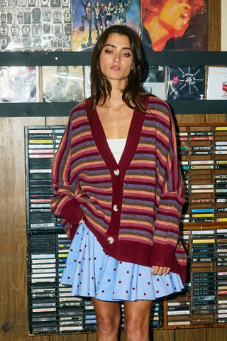 The Aspen Stripe Cardigan - MAROON PREORDER