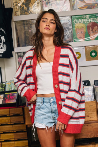 The Aspen Stripe Cardigan - RED/OATMEAL