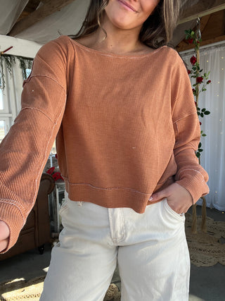 The Everyday Boat Neck Waffle Top - BURNT CIENNA