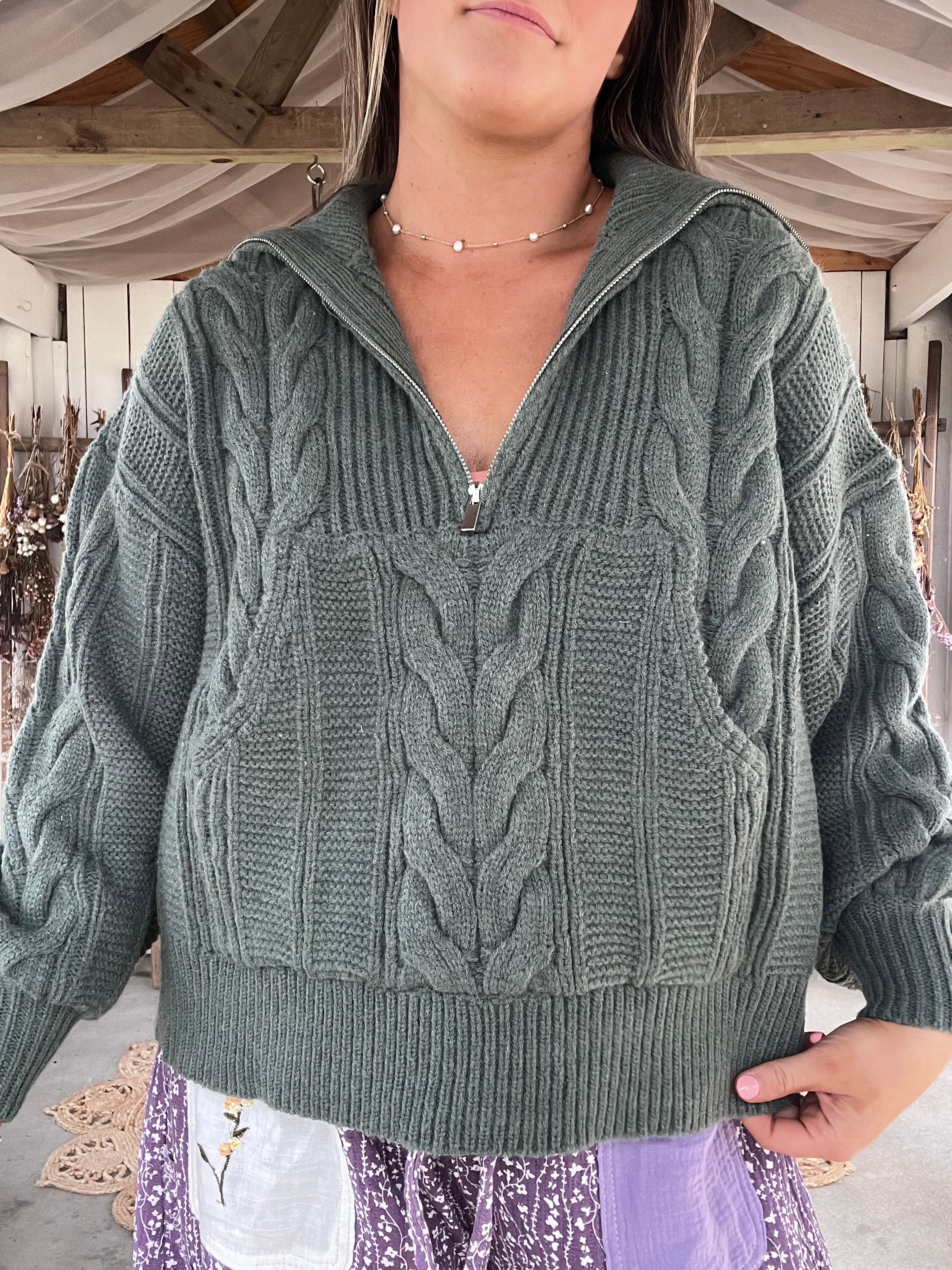 The Calli Chunky Cable Knit Half Zip Sweater GREEN – Coastal