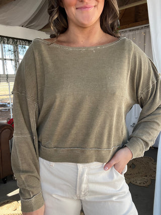 The Everyday Boat Neck Waffle Top - OLIVE