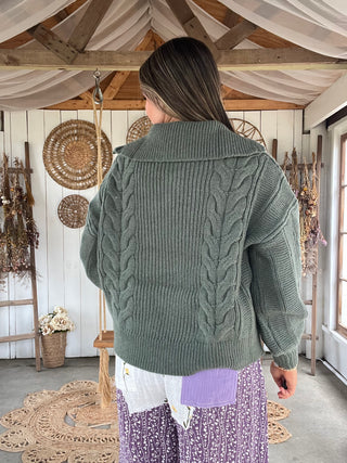 The Calli Chunky Cable Knit Half Zip Sweater - GREEN