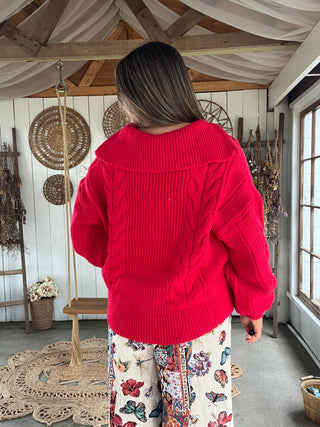 The Calli Chunky Cable Knit Half Zip Sweater - RED