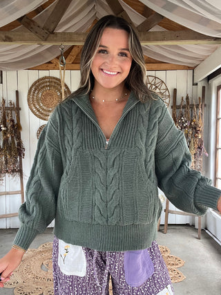The Calli Chunky Cable Knit Half Zip Sweater - GREEN