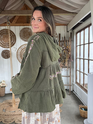 The Floral Escape Peplum Top - OLIVE