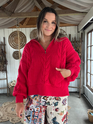 The Calli Chunky Cable Knit Half Zip Sweater - RED