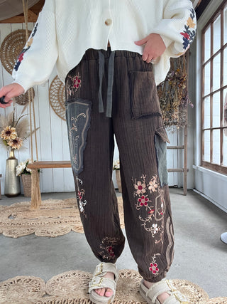 Fall Fields Embroidered Pants - CHARCOAL
