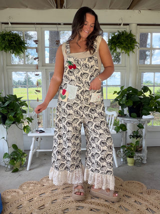 The Picnic Patch Overalls - BLACK AND WHITE FLORAL