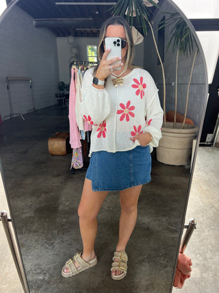 Fun with Florals Knit Top - CREAM/RED