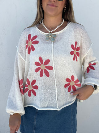 Fun with Florals Knit Top - CREAM/RED
