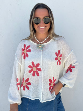 Fun with Florals Knit Top - CREAM/RED