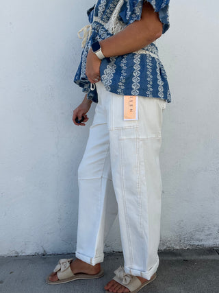 The Asher White Denim Risen Barrel Jeans