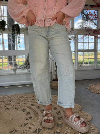 Vervet High Rise Paint Splash Striped Barrel Jeans