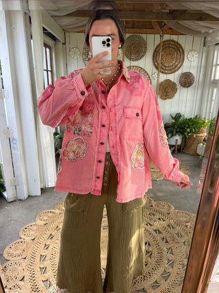 Floral Field Denim Shacket - PINK