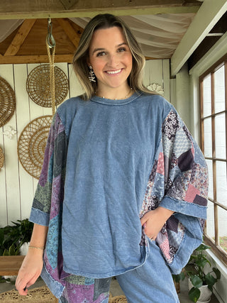 In the Groove Patchwork Poncho Top - BLUE