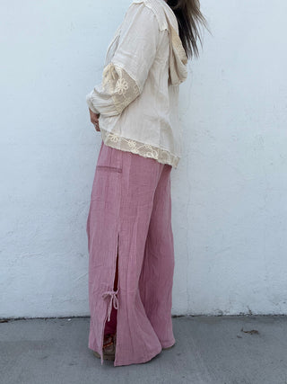 Gauze Bow Mineral Washed Pants - MAUVE