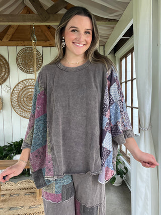 In the Groove Patchwork Poncho Top - CHARCOAL