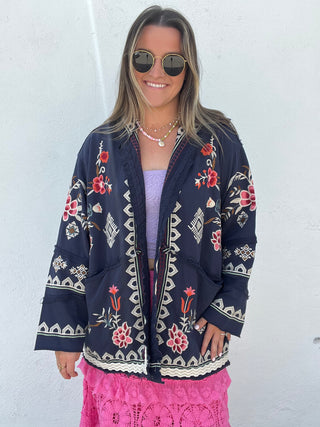 Love Struck Embroidery Hoodie Open Cardigan - NAVY