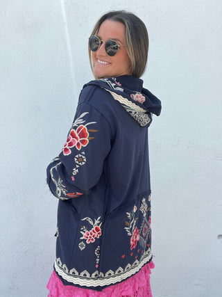 Love Struck Embroidery Hoodie Open Cardigan - NAVY