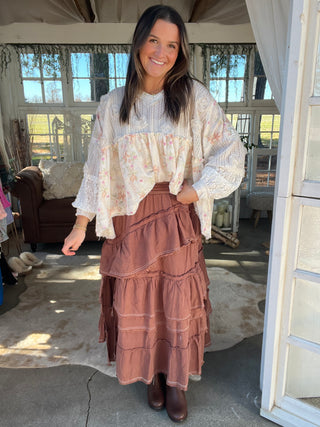 The Western Boho Ruffle Maxi Skirt - MOCHA
