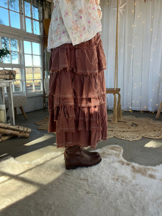 The Western Boho Ruffle Maxi Skirt - MOCHA