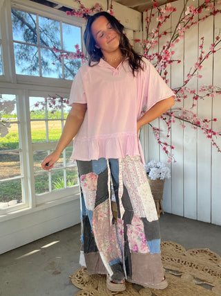 Where The Flowers Drift Patchwork Pants - DENIM
