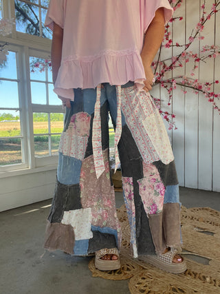 Where The Flowers Drift Patchwork Pants - DENIM
