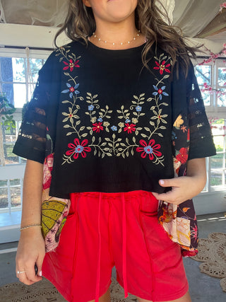 The Shoreline Embroidered Top - BLACK